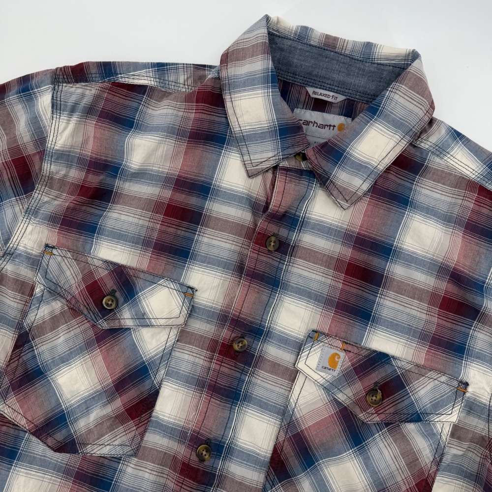Carhartt Relaxed Fit Plaid‎ Short Sleeve Button Down Shirt Men's Medium Red Blue